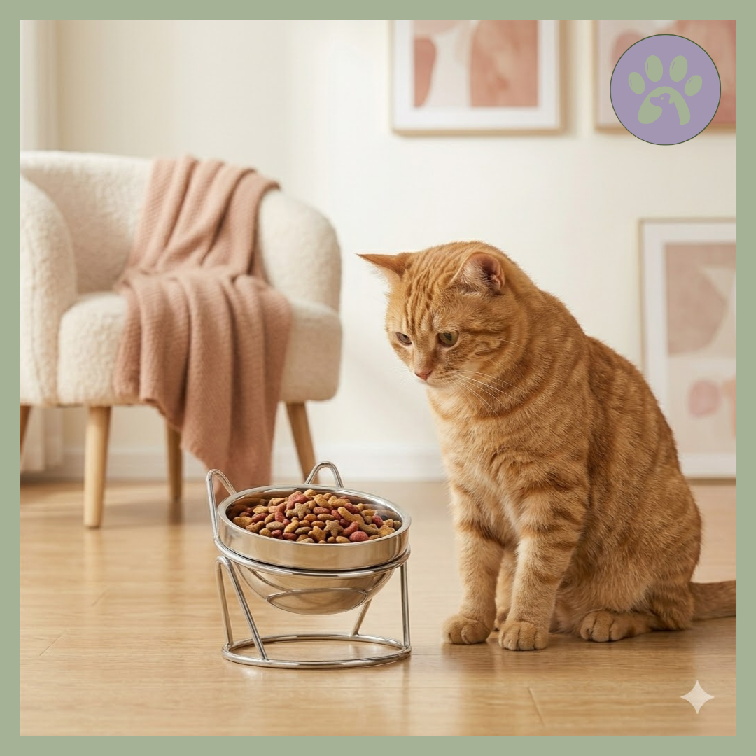 Gamelle-Chat-Surelevee-Acier-Inoxydable-Felinox-avec-chat-roux