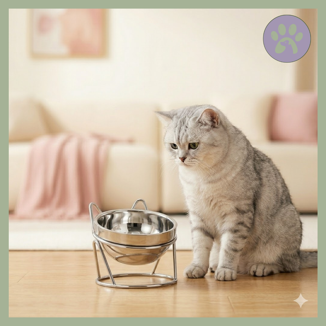 Gamelle-Chat-Surelevee-Acier-Inoxydable-Felinox-dans-salon