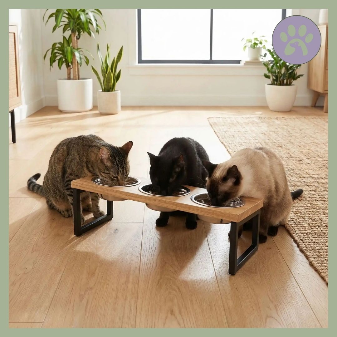 Gamelle chat triple sureleve acier inoxydable et bois