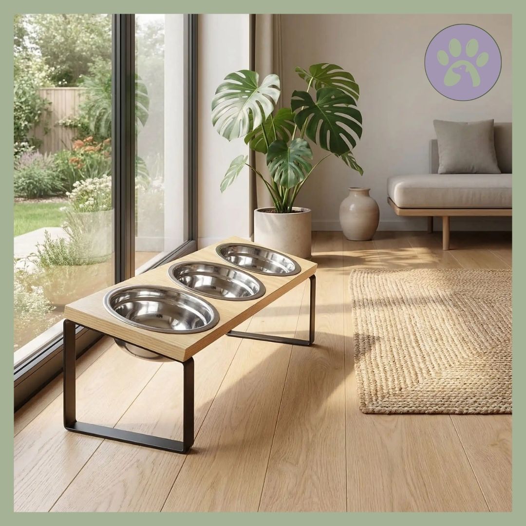 Gamelle chat triple sureleve inox et bois