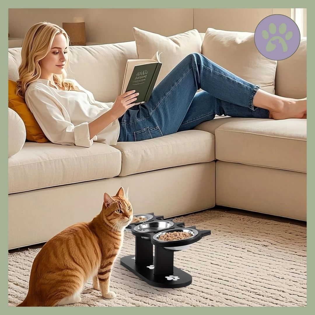 Gamelle pour chat triple noir et pattes ajustable 